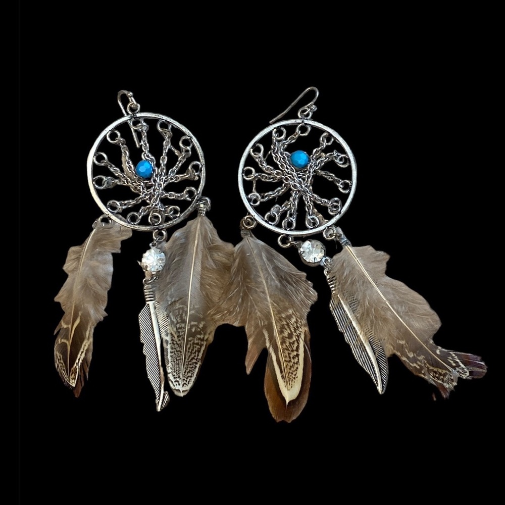 Dream catcher teardrop feather drop turquoise earrings